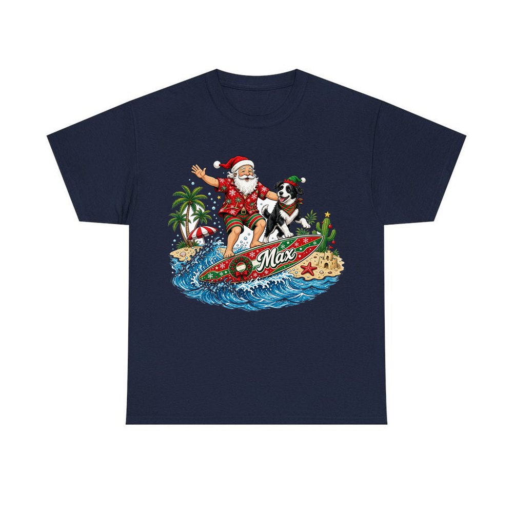 Santa and the Dog on Tour personalised Christmas T-shirt in navy