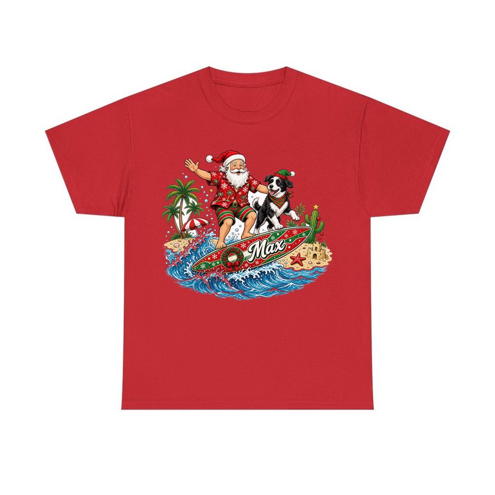 Santa and the Dog on Tour personalised Christmas T-shirt in red