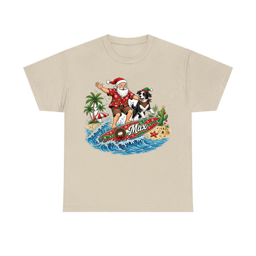 Santa and the Dog on Tour personalised Christmas T-shirt in sand