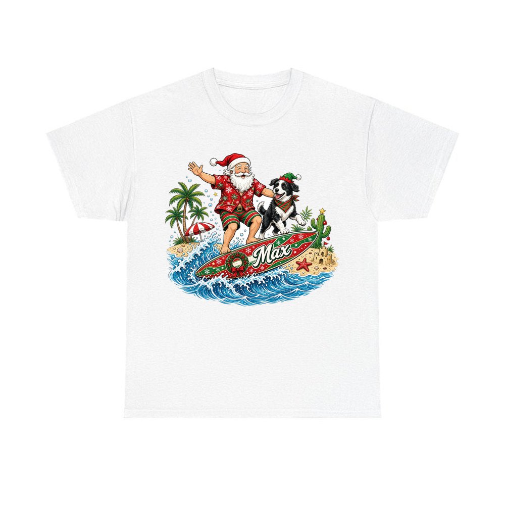 Santa and the Dog on Tour personalised Christmas T-shirt in white