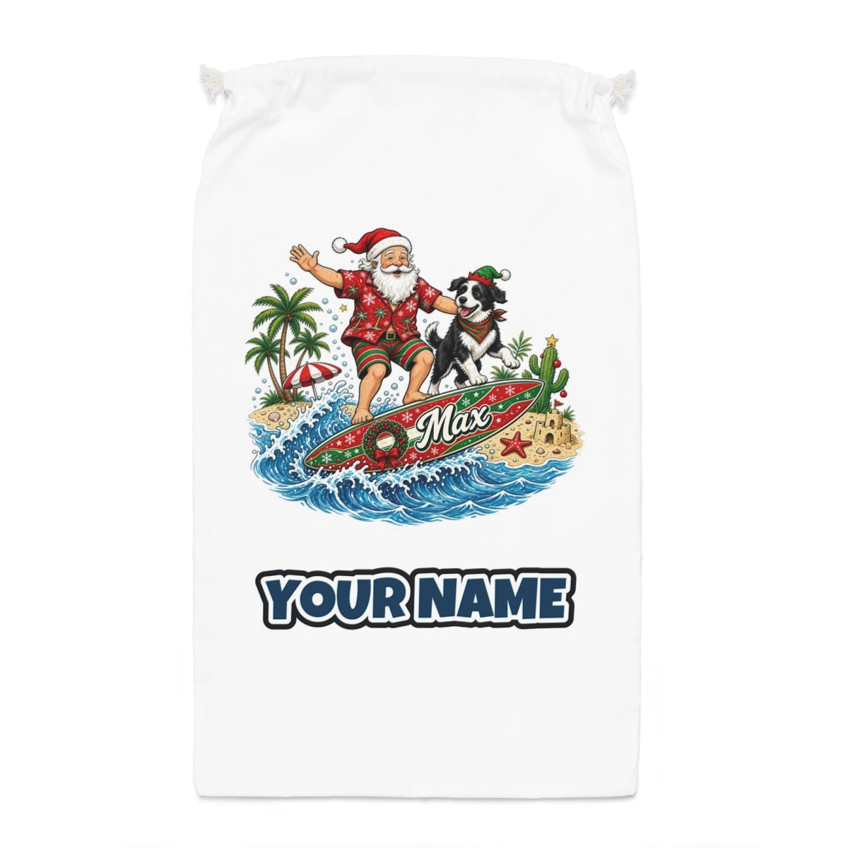 Santa and the Dog on Tour Santa sack laid flat, showing the full print