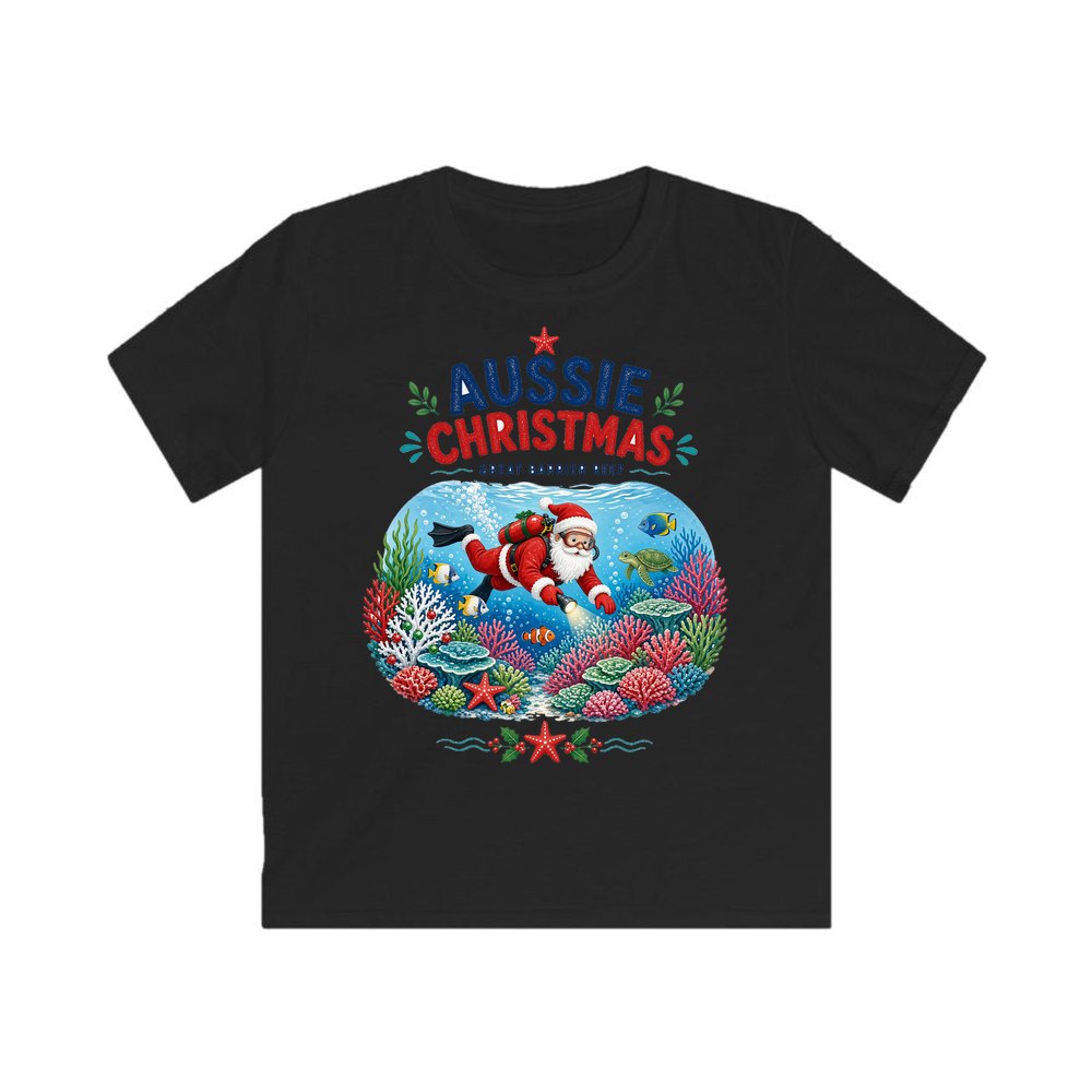 Santa Diving The Reef personalised kids Christmas tee in black