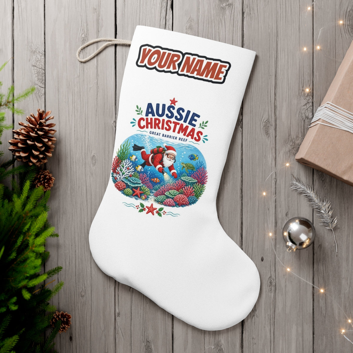 Santa Diving The Reef personalised Christmas stocking, white, with the name across the top