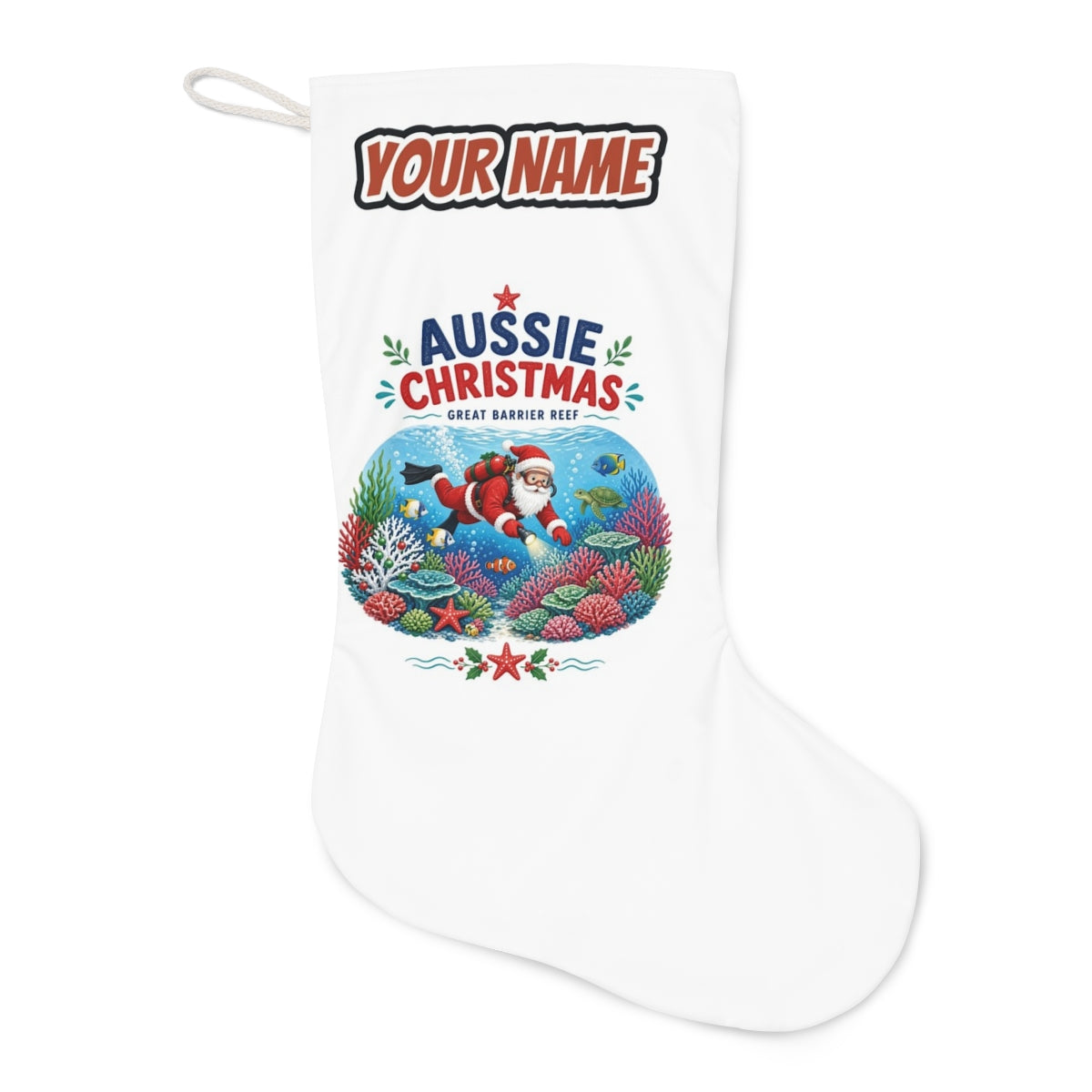 Santa Diving The Reef Christmas stocking laid flat, showing the full print