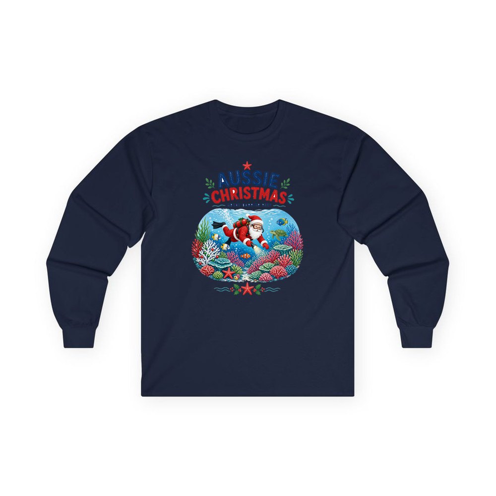 Santa Diving The Reef personalised long sleeve Christmas T-shirt in navy