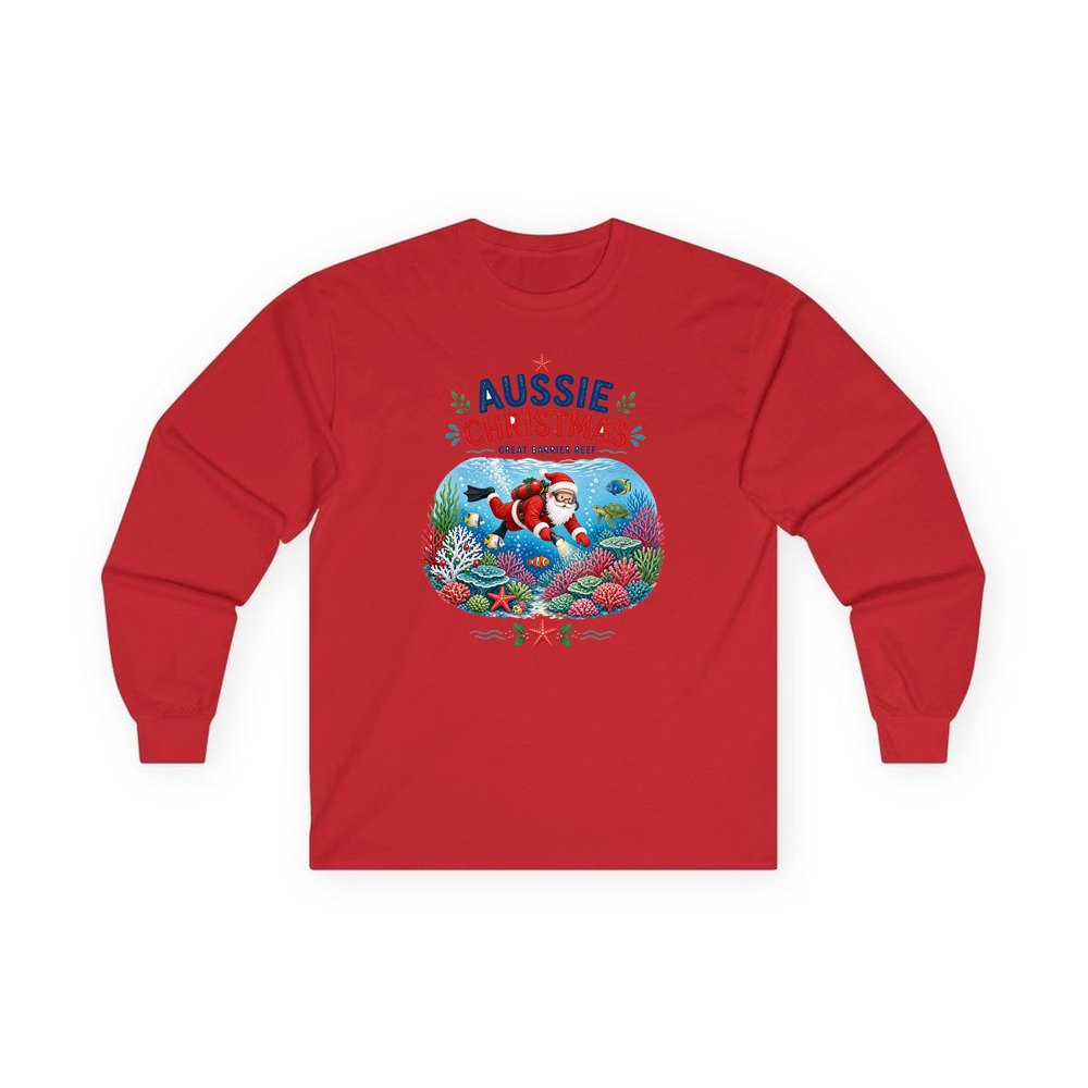 Santa Diving The Reef personalised long sleeve Christmas T-shirt in red