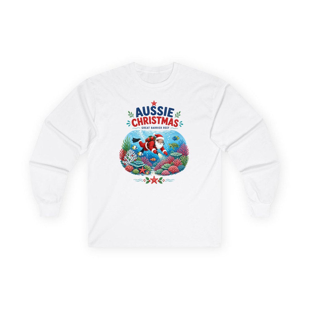 Santa Diving The Reef personalised long sleeve Christmas T-shirt in white