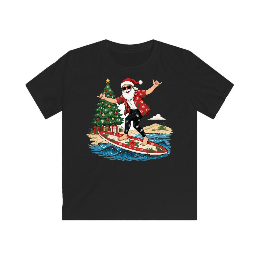 Santa Hang Ten personalised kids Christmas tee in black