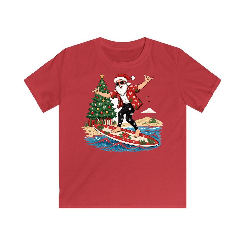 Santa Hang Ten personalised kids Christmas tee in red