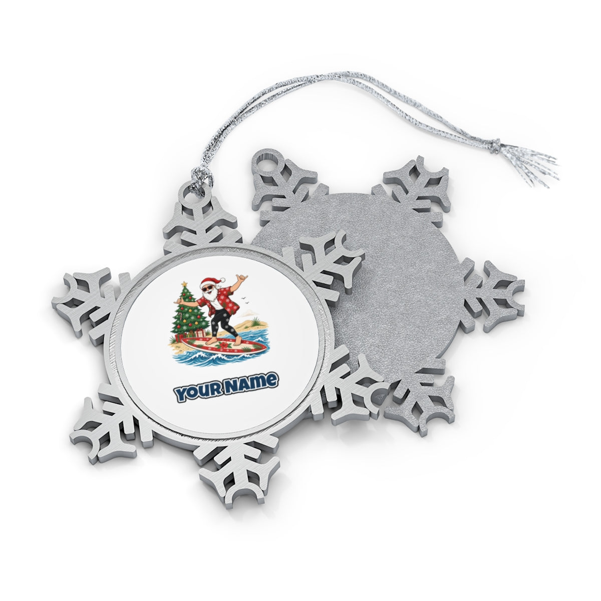 Santa Hang Ten personalised pewter snowflake Christmas ornament, front and back, with a name under the design