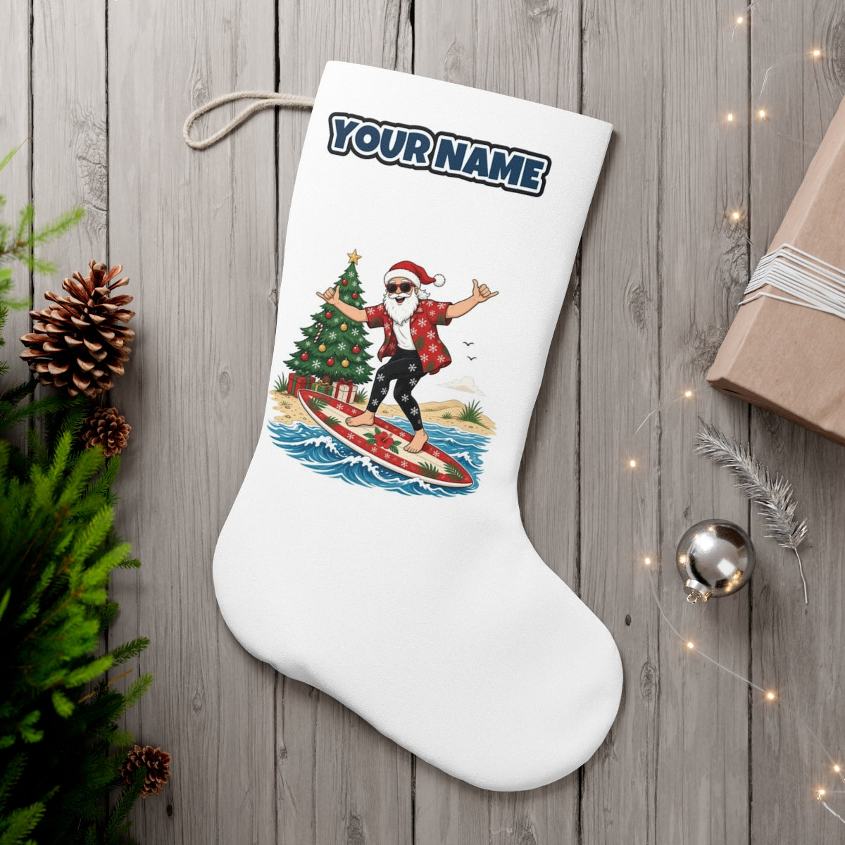 Santa Hang Ten personalised Christmas stocking, white, with the name across the top
