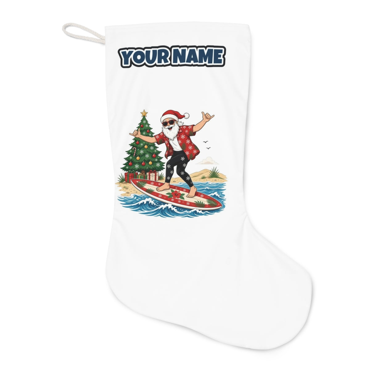 Santa Hang Ten Christmas stocking laid flat, showing the full print