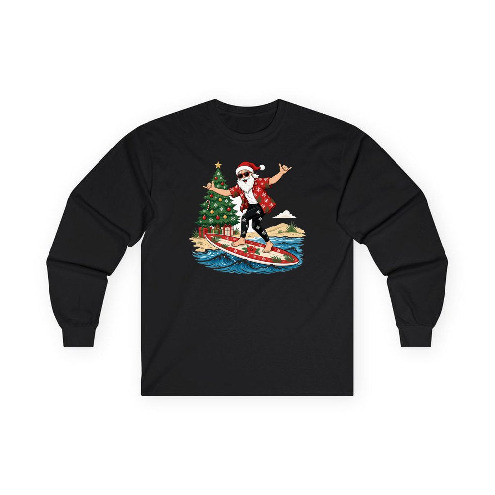 Santa Hang Ten personalised long sleeve Christmas T-shirt in black