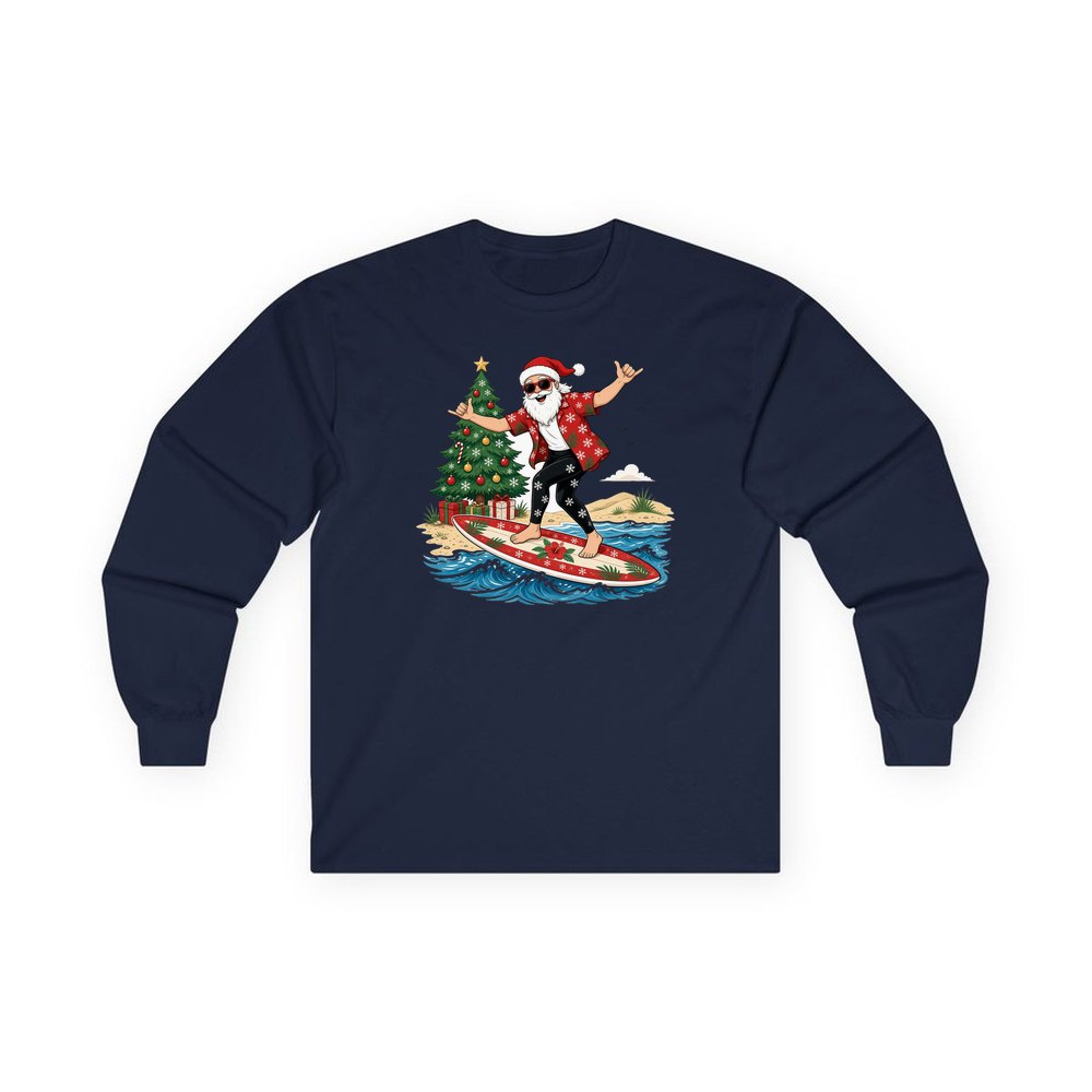 Santa Hang Ten personalised long sleeve Christmas T-shirt in navy