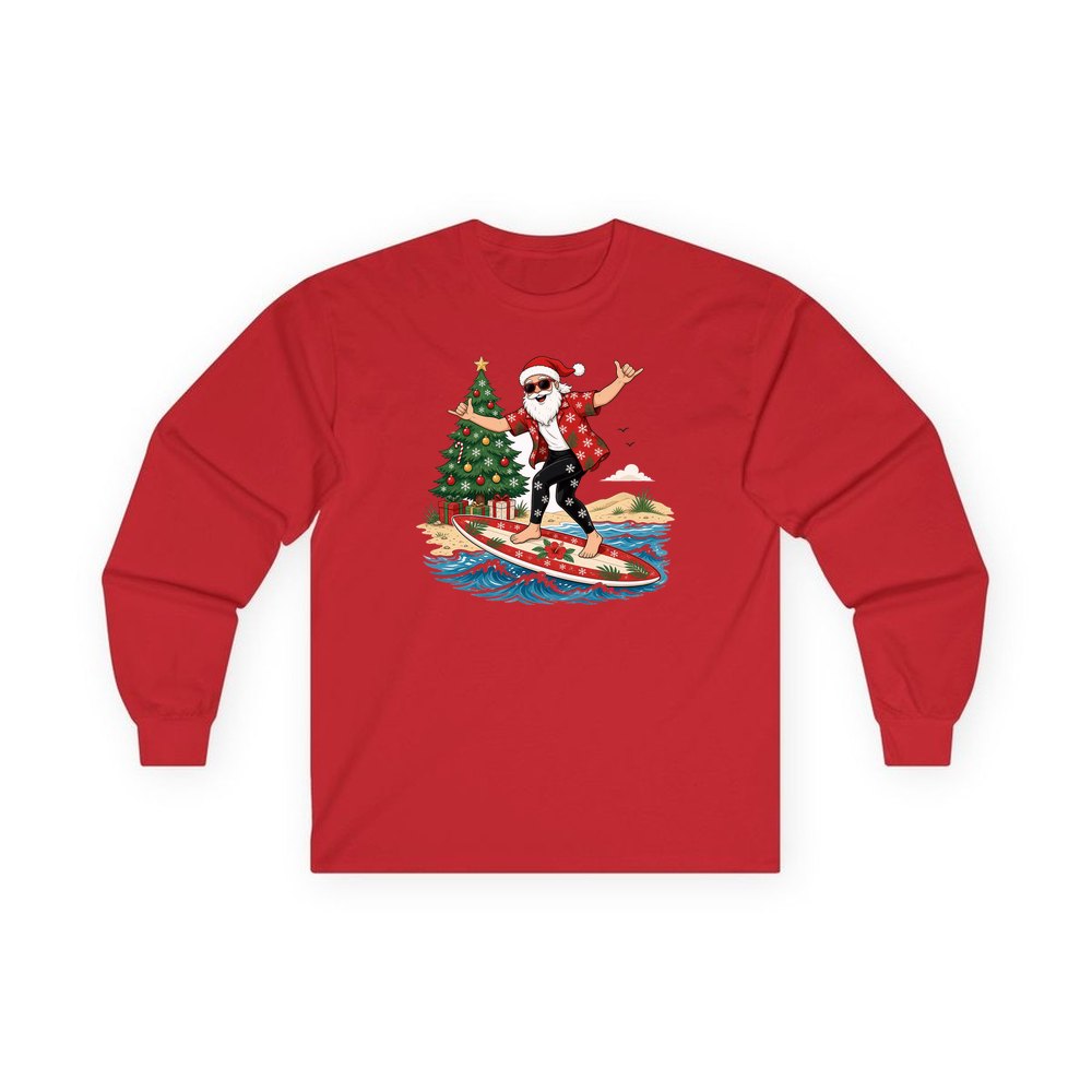 Santa Hang Ten personalised long sleeve Christmas T-shirt in red