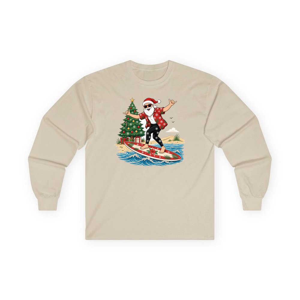 Santa Hang Ten personalised long sleeve Christmas T-shirt in sand