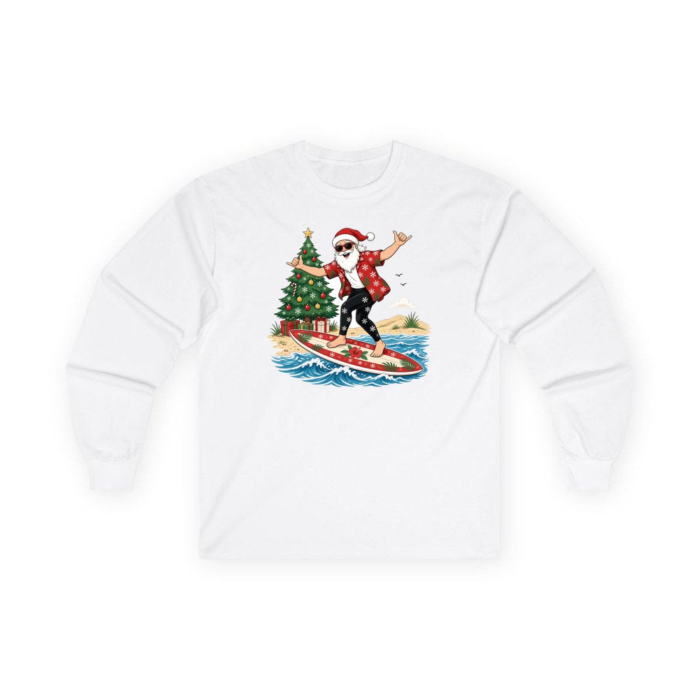 Santa Hang Ten personalised long sleeve Christmas T-shirt in white
