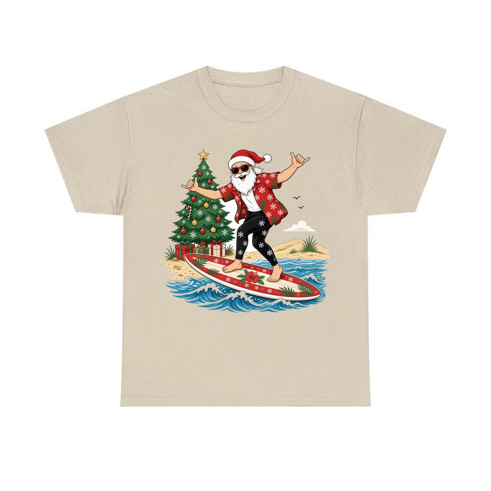 Santa Hang Ten personalised Christmas T-shirt in sand