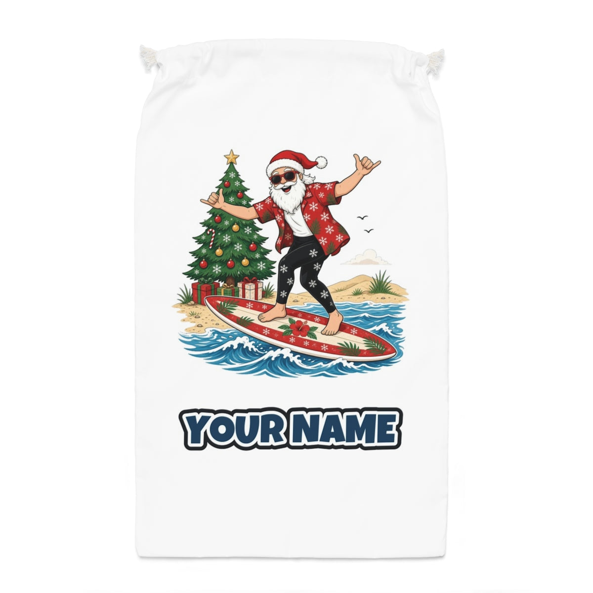 Santa Hang Ten Santa sack laid flat, showing the full print