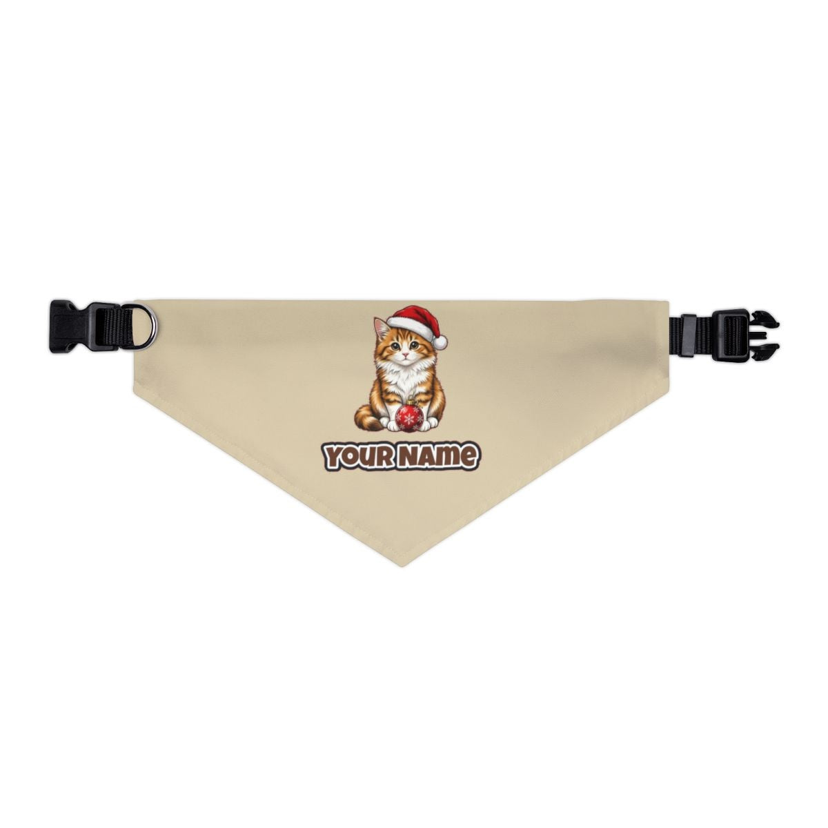 Santa Hat Kitten With Bauble personalised Christmas pet bandana in beige, collar with buckle