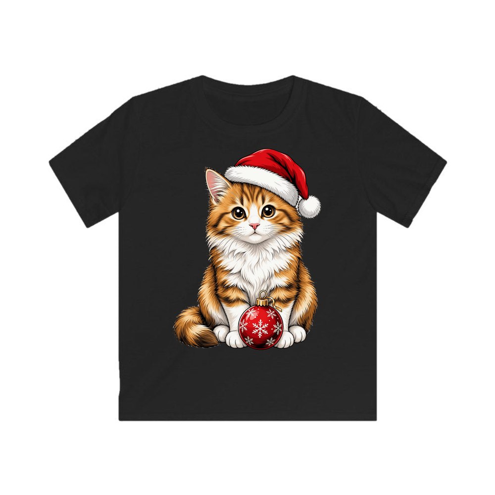 Santa Hat Kitten With Bauble personalised kids Christmas tee in black