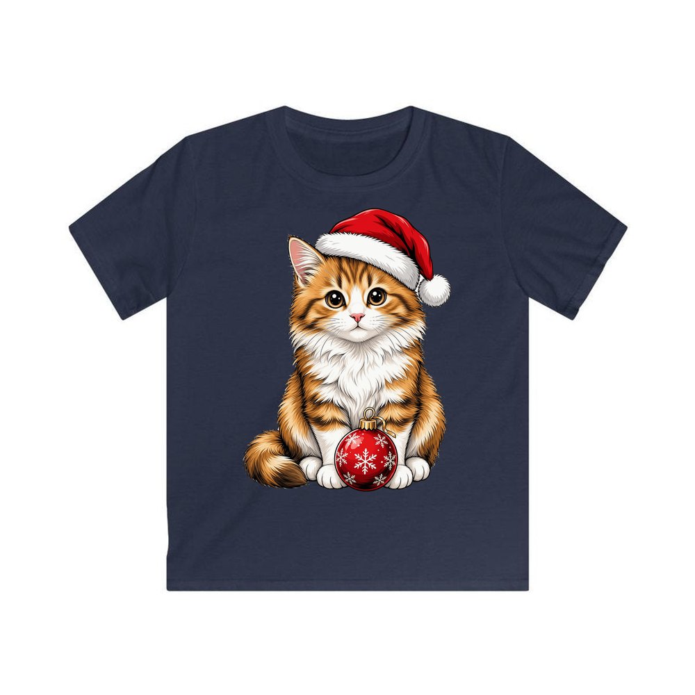 Santa Hat Kitten With Bauble personalised kids Christmas tee in navy