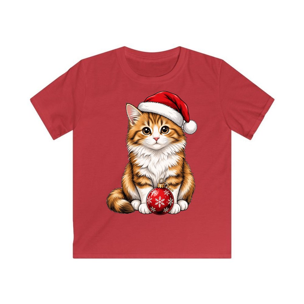 Santa Hat Kitten With Bauble personalised kids Christmas tee in red