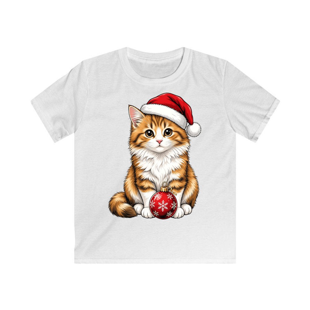 Santa Hat Kitten With Bauble personalised kids Christmas tee in white