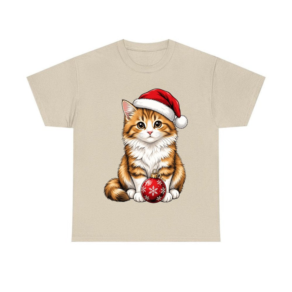 Santa Hat Kitten With Bauble personalised Christmas T-shirt in sand