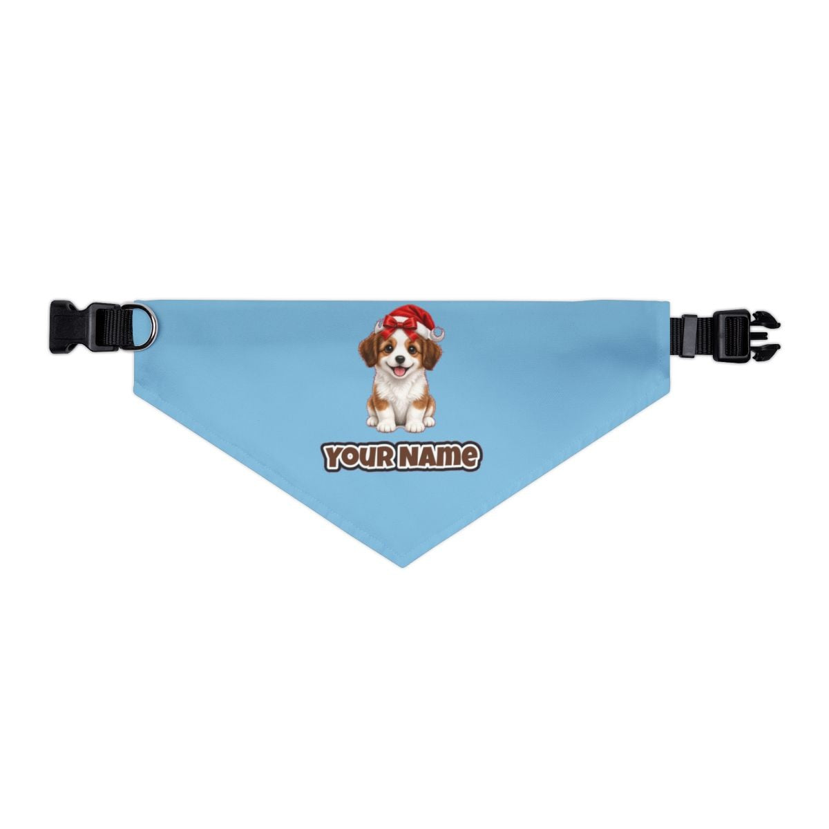 Santa Hat Puppy personalised Christmas pet bandana in sky blue, collar with buckle