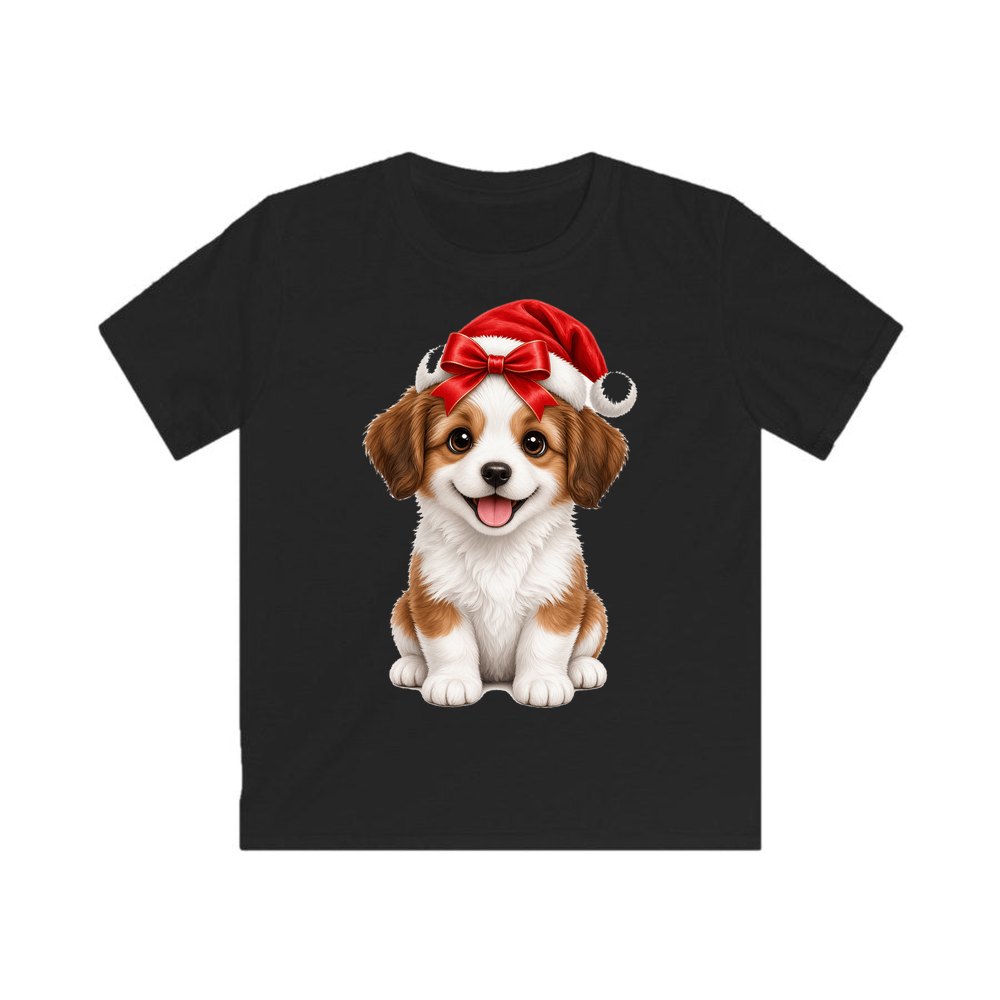 Santa Hat Puppy personalised kids Christmas tee in black