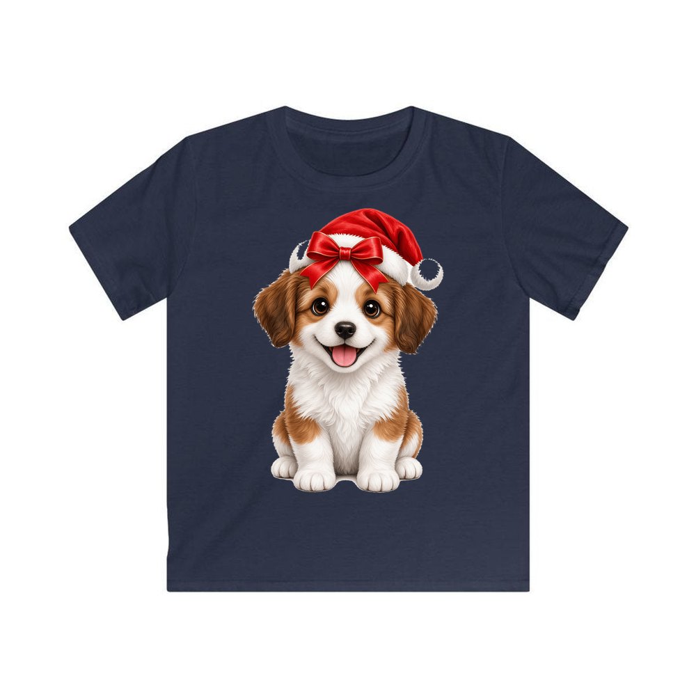 Santa Hat Puppy personalised kids Christmas tee in navy