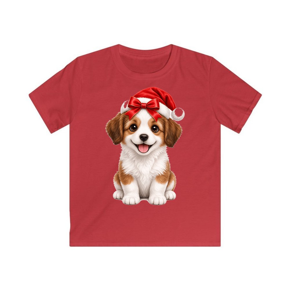 Santa Hat Puppy personalised kids Christmas tee in red