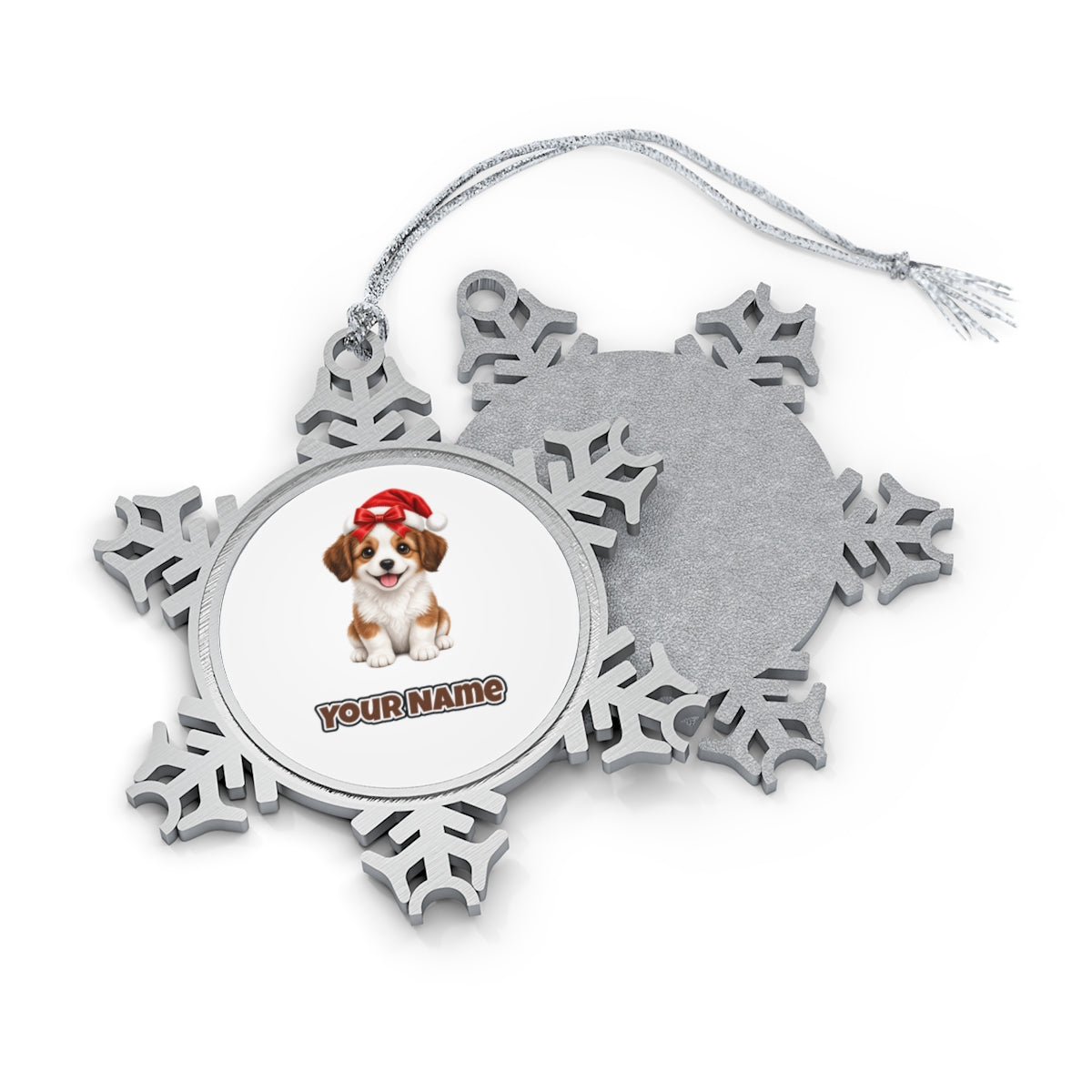 Santa Hat Puppy personalised pewter snowflake Christmas ornament, front and back, with a name under the design
