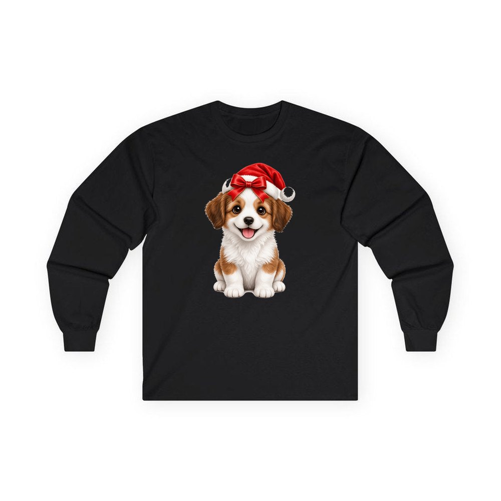 Santa Hat Puppy personalised long sleeve Christmas T-shirt in black
