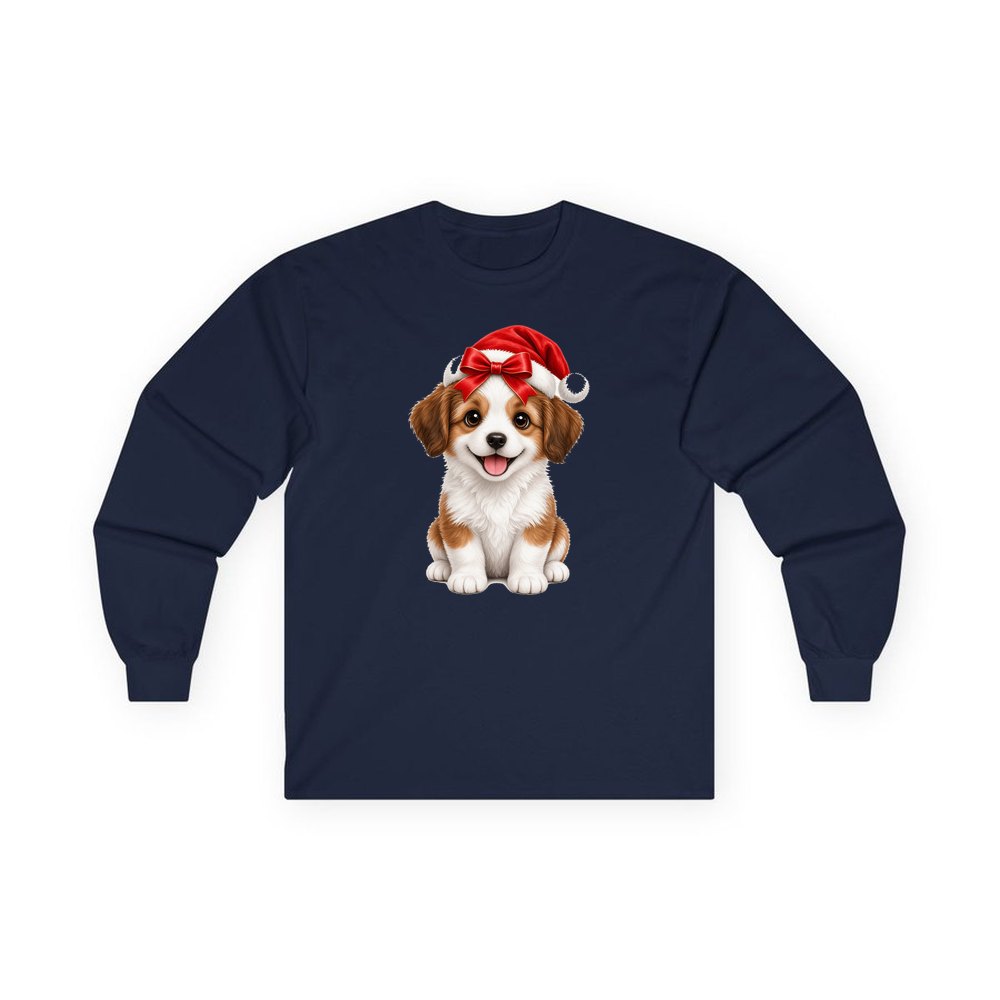 Santa Hat Puppy personalised long sleeve Christmas T-shirt in navy