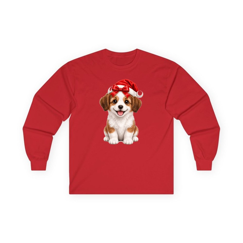 Santa Hat Puppy personalised long sleeve Christmas T-shirt in red