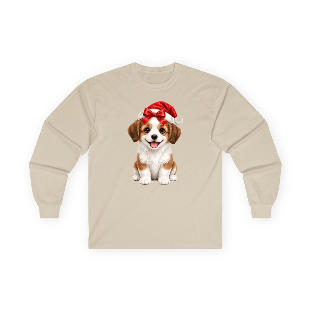 Santa Hat Puppy personalised long sleeve Christmas T-shirt in sand