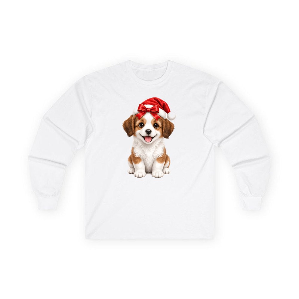 Santa Hat Puppy personalised long sleeve Christmas T-shirt in white