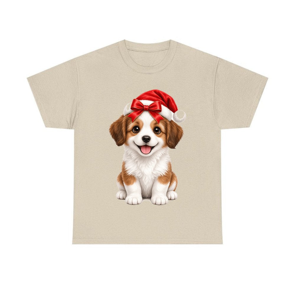 Santa Hat Puppy personalised Christmas T-shirt in sand