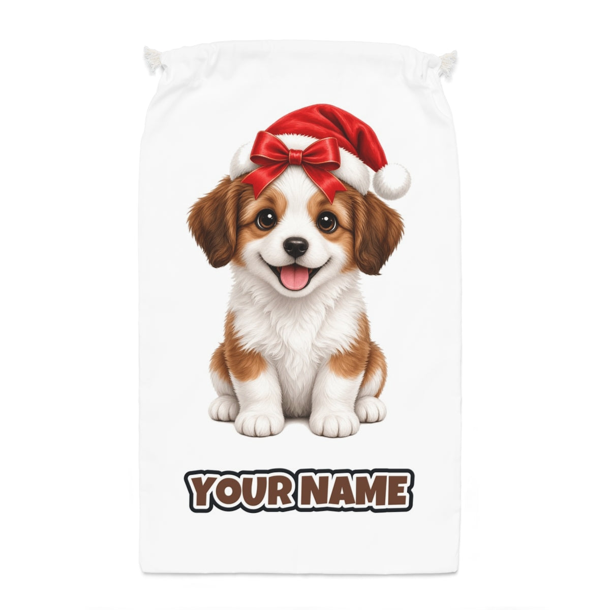 Santa Hat Puppy Santa sack laid flat, showing the full print