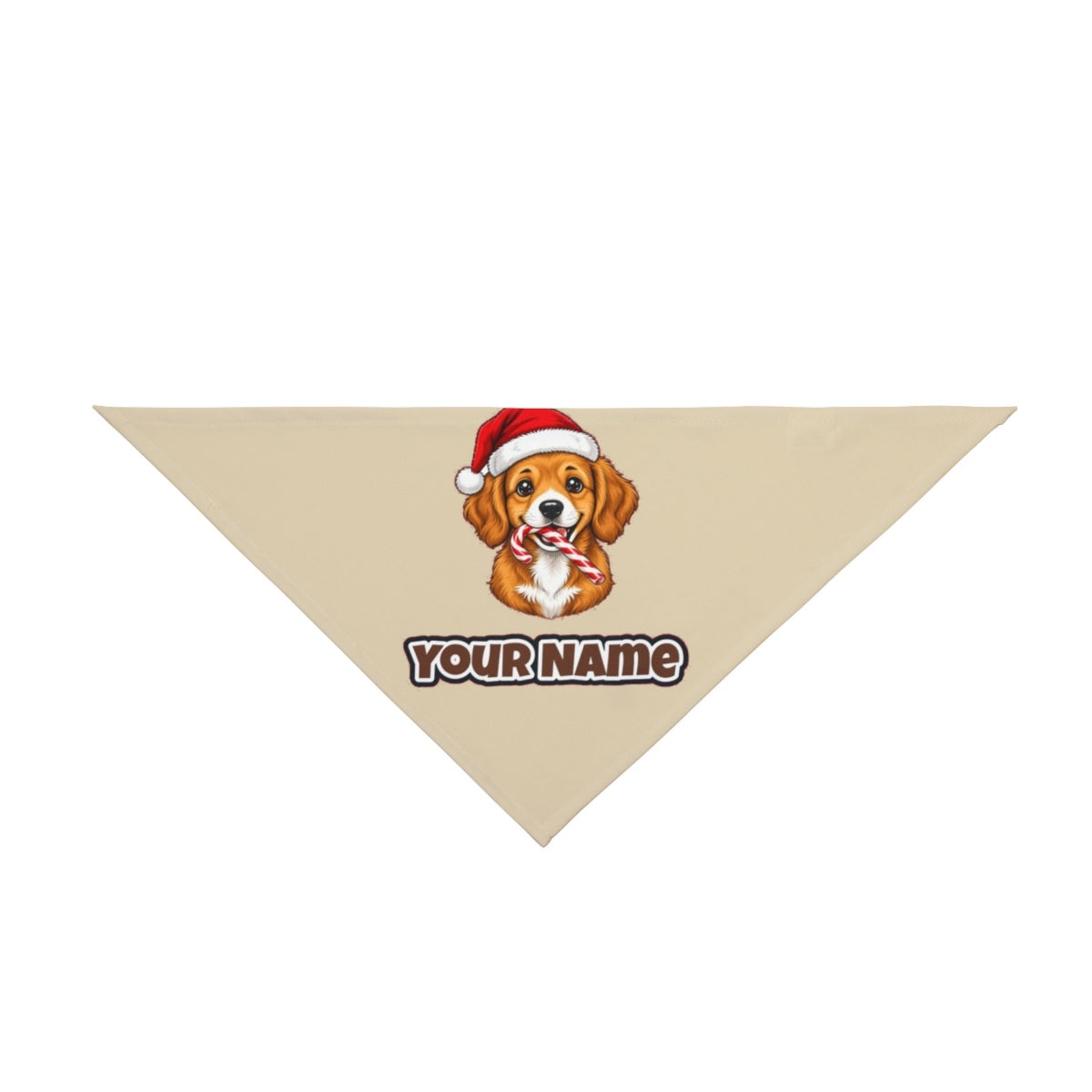 Santa Hat Puppy With Candy Cane personalised Christmas pet bandana in beige, tie-on style