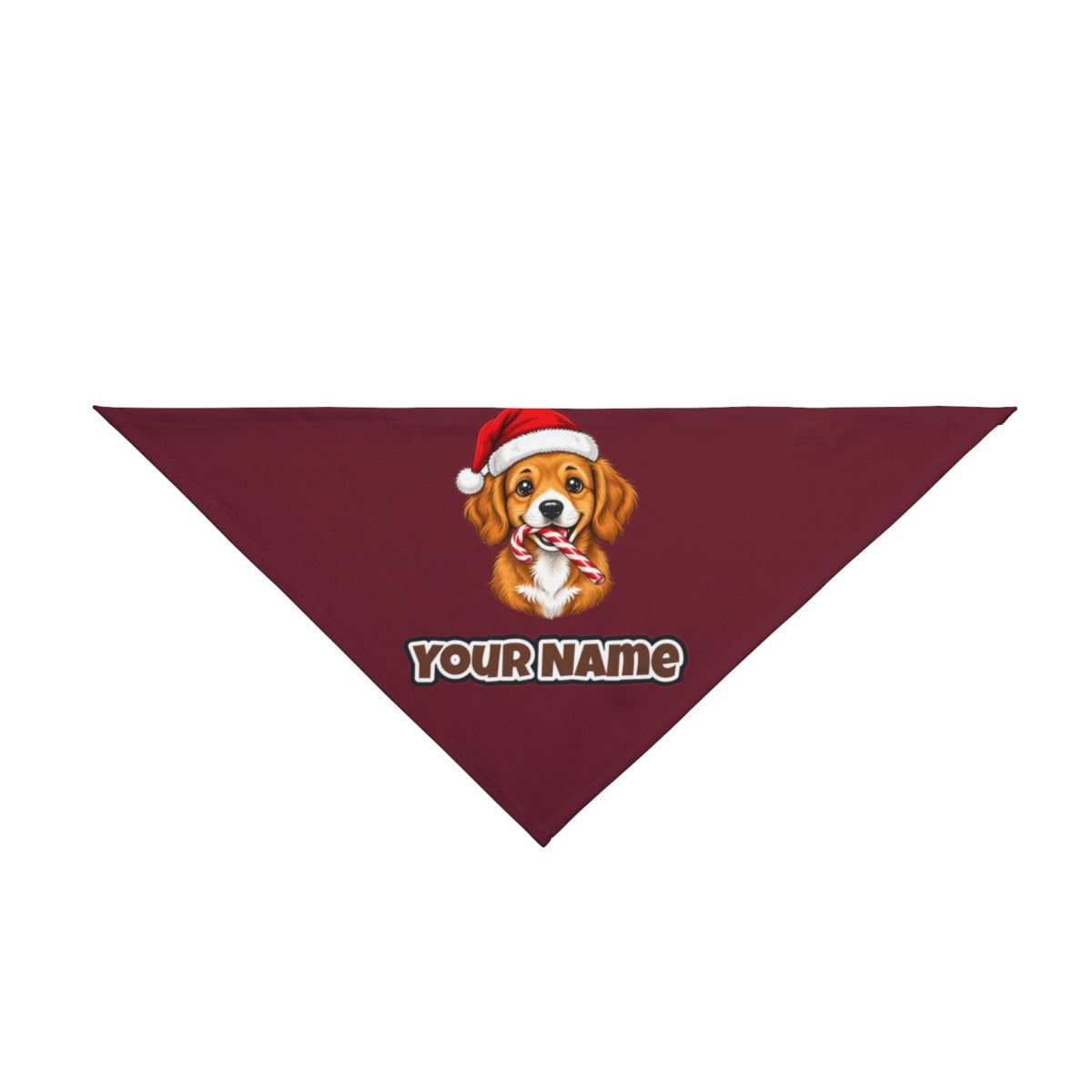 Santa Hat Puppy With Candy Cane personalised Christmas pet bandana in maroon, tie-on style