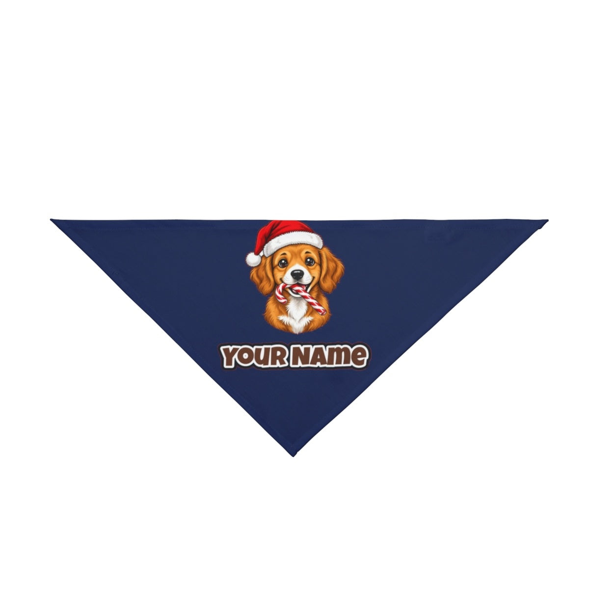 Santa Hat Puppy With Candy Cane personalised Christmas pet bandana in navy, tie-on style