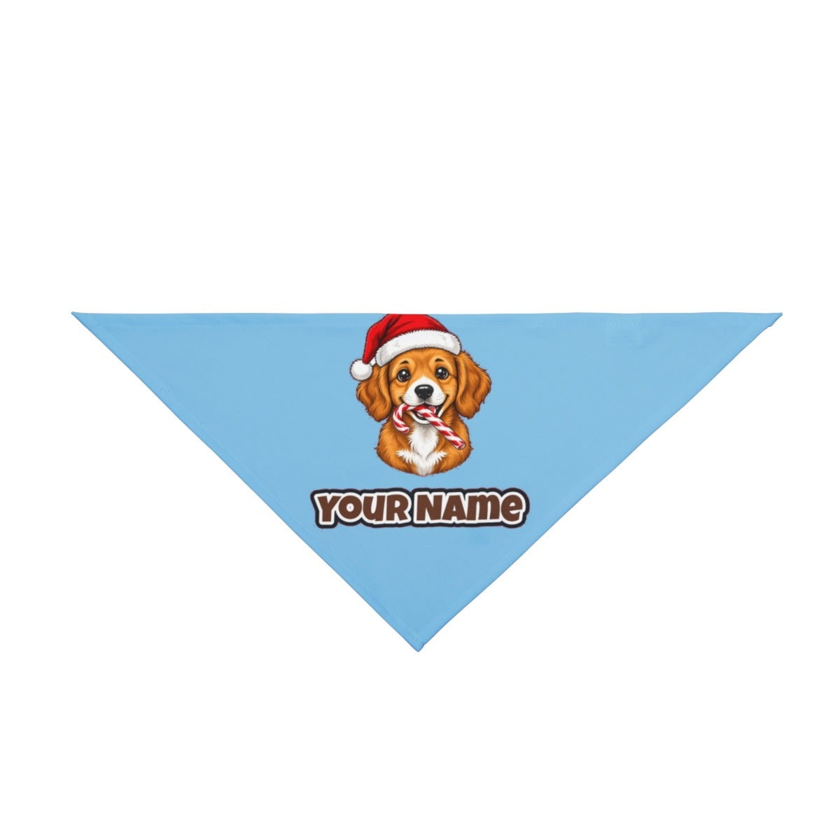 Santa Hat Puppy With Candy Cane personalised Christmas pet bandana in sky blue, tie-on style