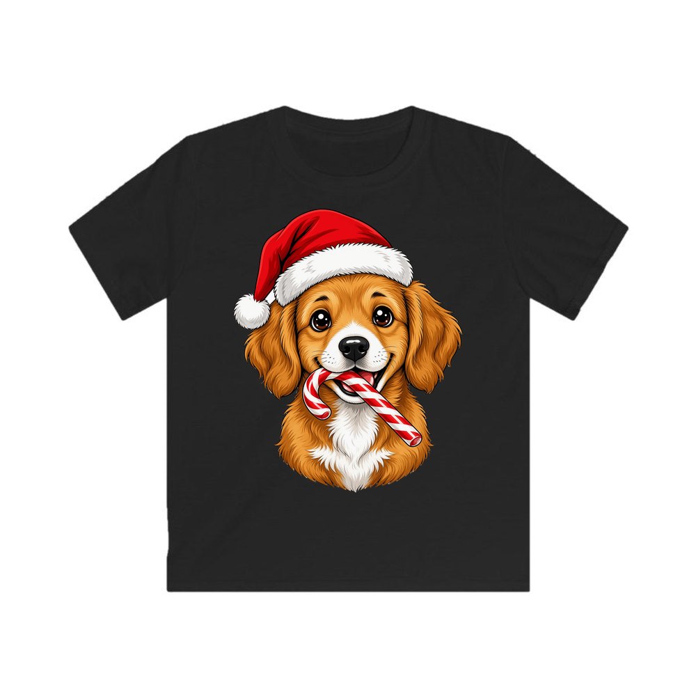 Santa Hat Puppy With Candy Cane personalised kids Christmas tee in black