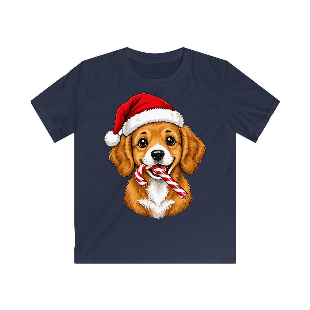 Santa Hat Puppy With Candy Cane personalised kids Christmas tee in navy