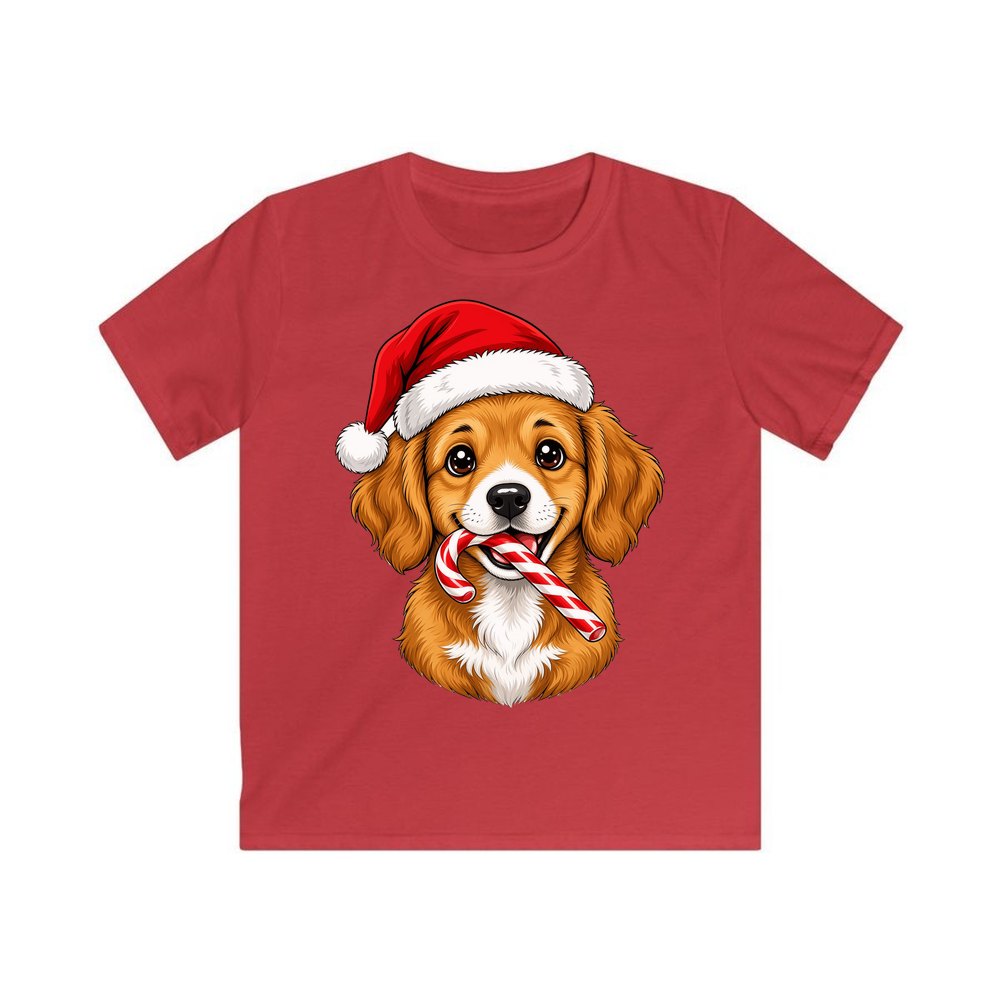 Santa Hat Puppy With Candy Cane personalised kids Christmas tee in red