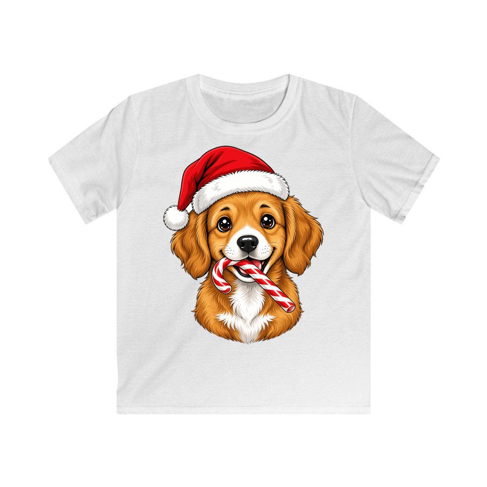 Santa Hat Puppy With Candy Cane personalised kids Christmas tee in white