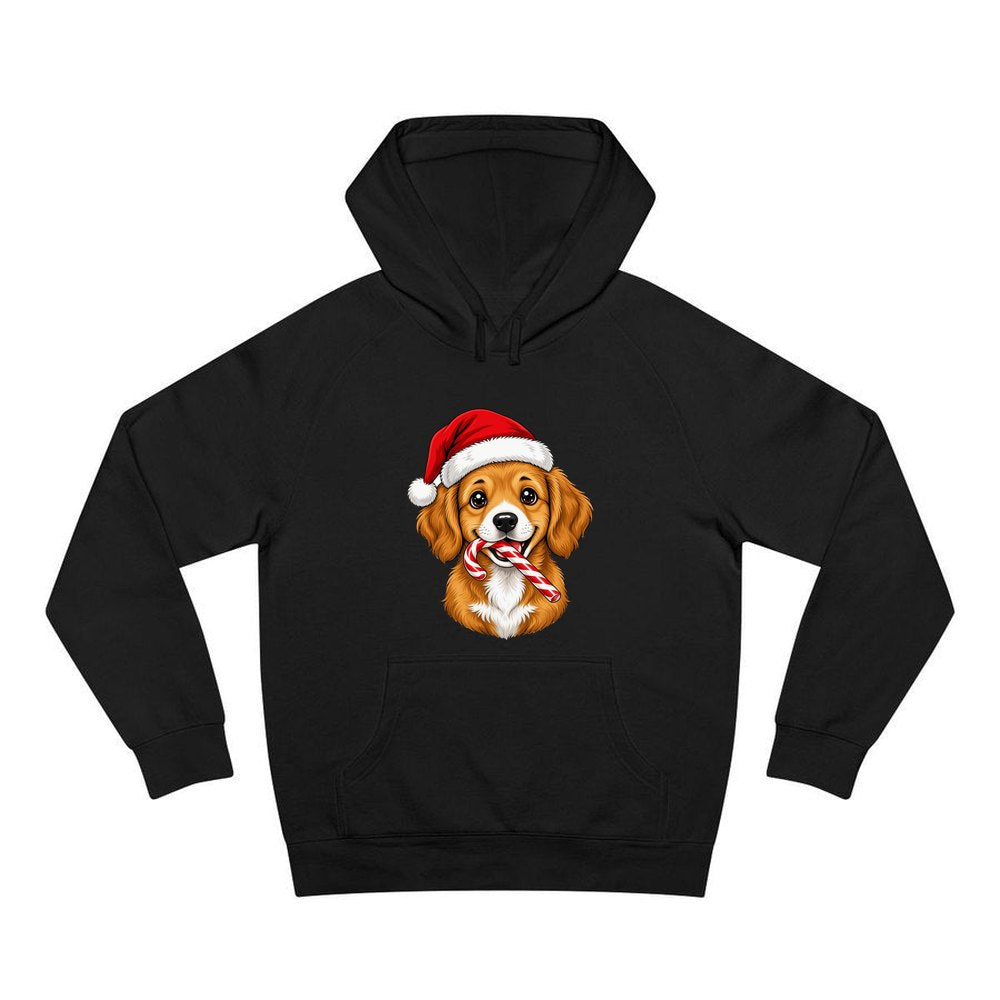 Santa Hat Puppy With Candy Cane personalised Christmas hoodie in black